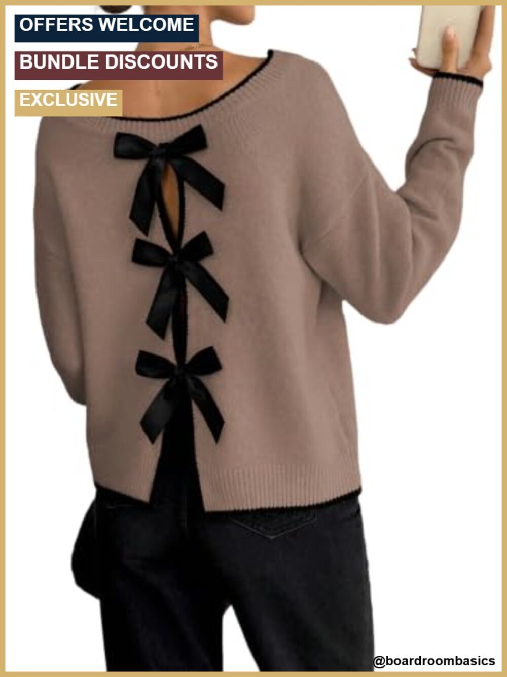 Women's Knit Sweater Back Bow Knot Contrast Crewneck Long Sleeve Pullover